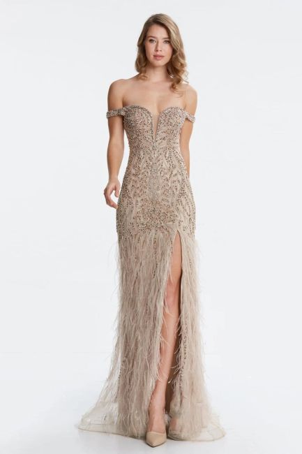 Beige Deep V Low Sleeve Feathered Embroidered Imported Evening Dress 06 