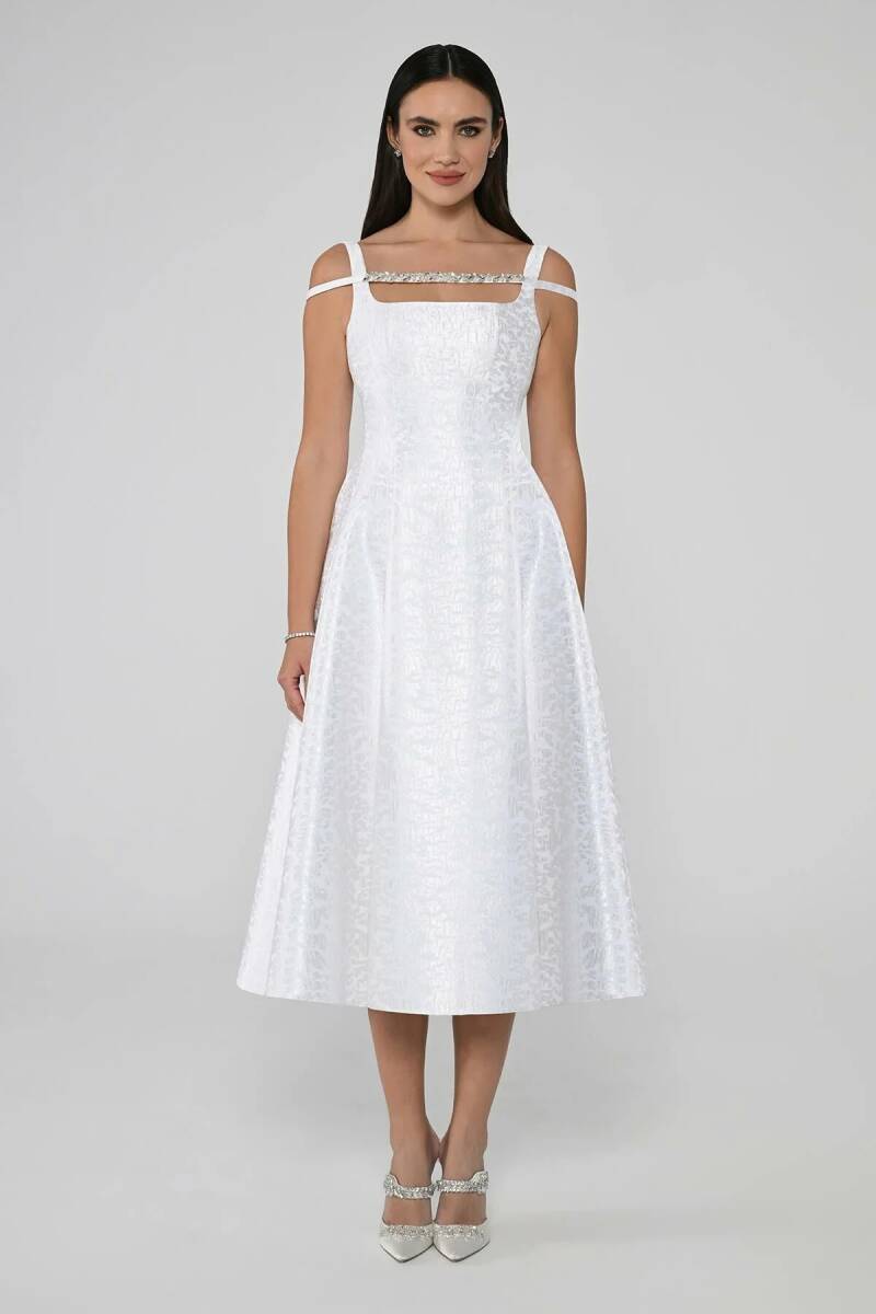 Beyaz Kare Yaka Taş Detaylı Kloş Brokar Midi Abiye Elbise 39 - 1