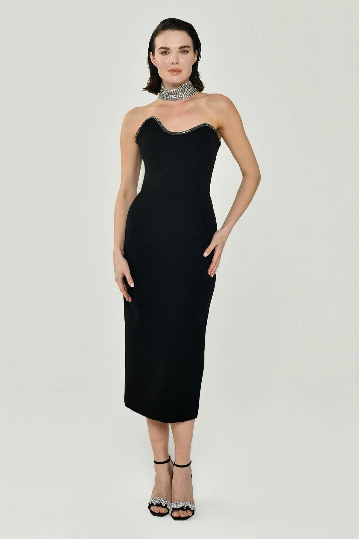 Black asymmetric Strapless Neckline Library Lanand Midi Midi Title Dress 52