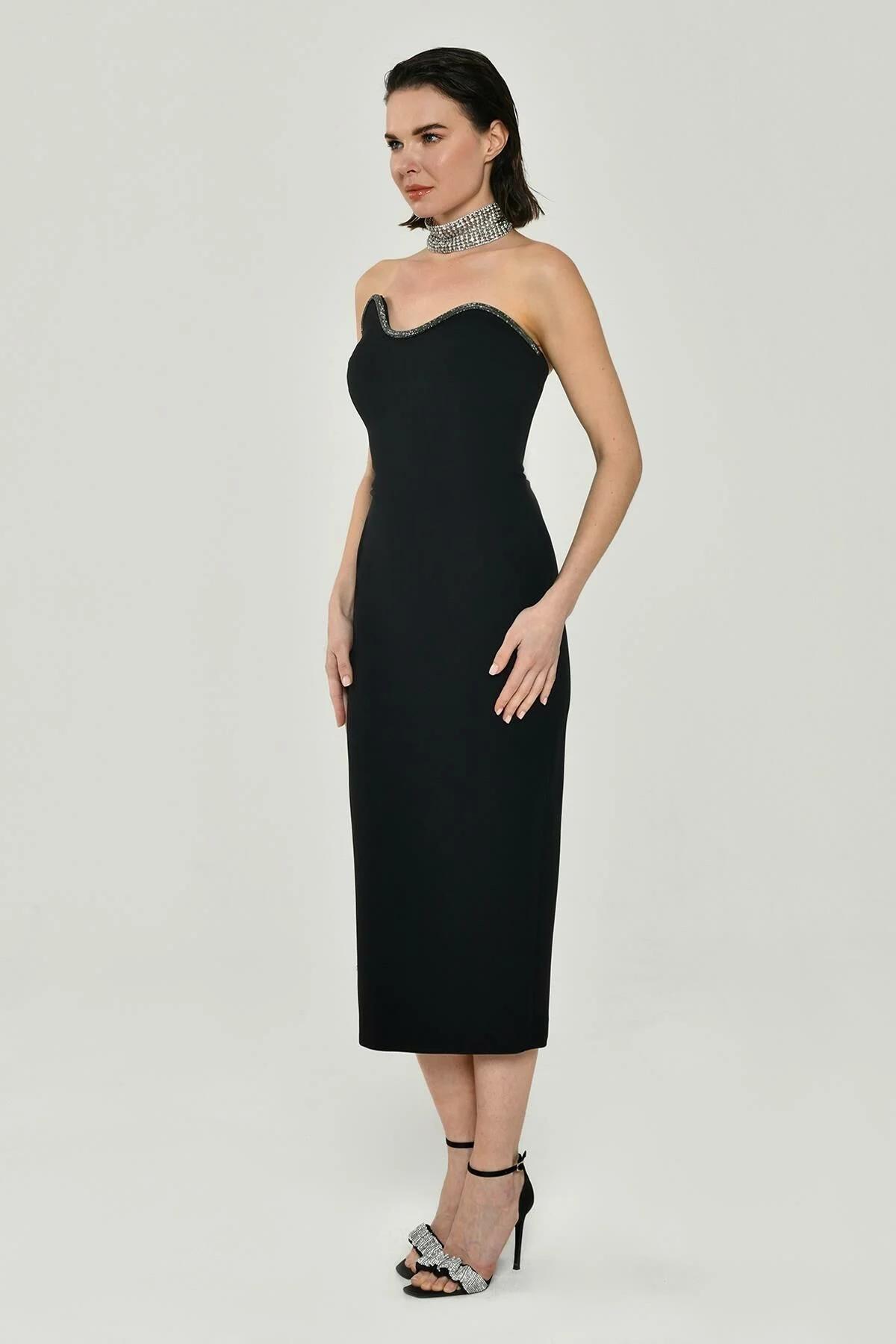 Black Asymmetric Strapless Neckline Library Lanand Midi Midi Title Dress 52