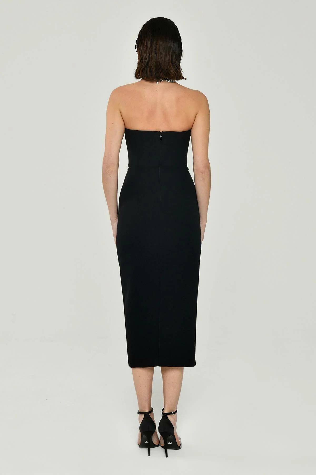 Black Asymmetric Strapless Neckline Library Lanand Midi Midi Title Dress 52