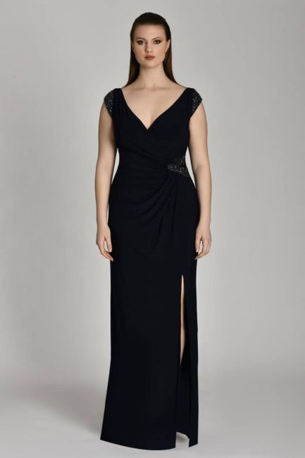 Black Thick Strap Low Sleeve Draped Plus Size Evening Dress 49 