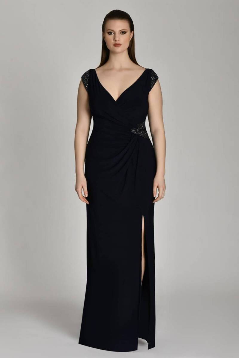 Black Thick Strap Low Sleeve Draped Plus Size Evening Dress 49 - 1