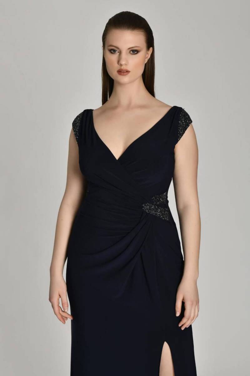 Black Thick Strap Low Sleeve Draped Plus Size Evening Dress 49 - 3