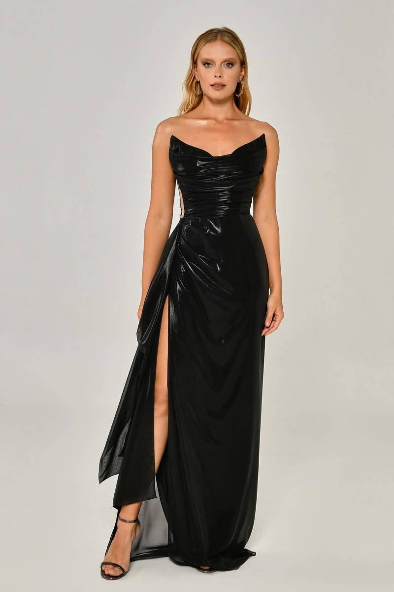 Black Shiny Fabric Pointed Collar Slit Evening Dress 81 - 2