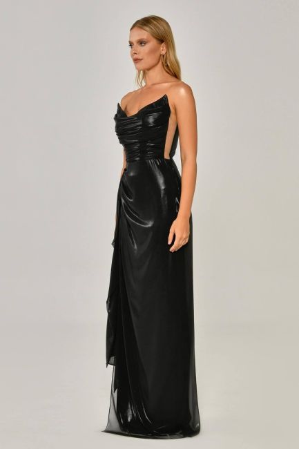 Black Shiny Fabric Pointed Collar Slit Evening Dress 81 - 3