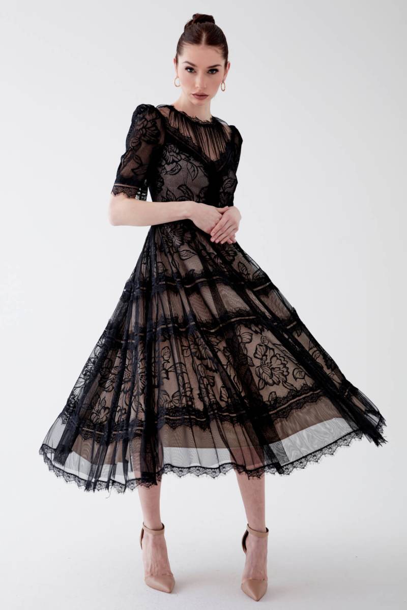 Black Half Sleeve Lace Midi Dress - 1