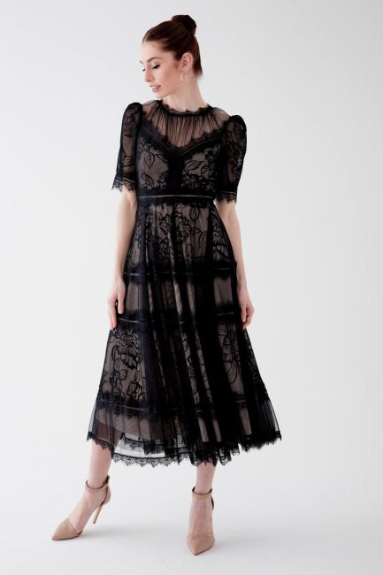 Black Half Sleeve Lace Midi Dress - 2