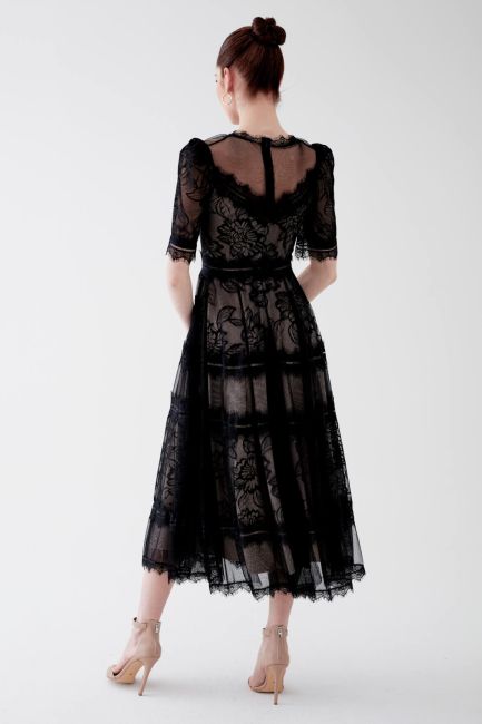 Black Half Sleeve Lace Midi Dress - 3