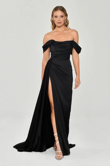 Black Strapless Degaje Low Sleeve Slit Evening Dress 