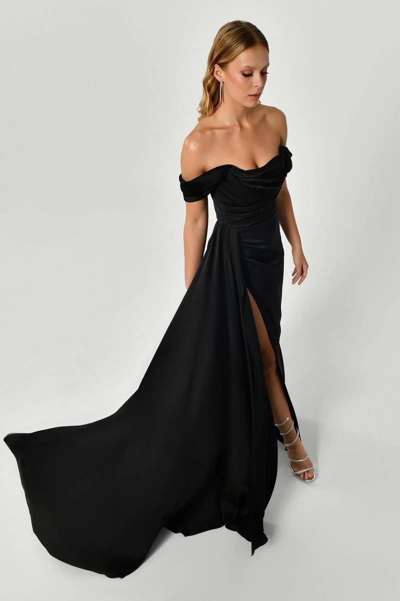 Black Strapless Degage Low Sleeve Sliping Evening Dress - 2