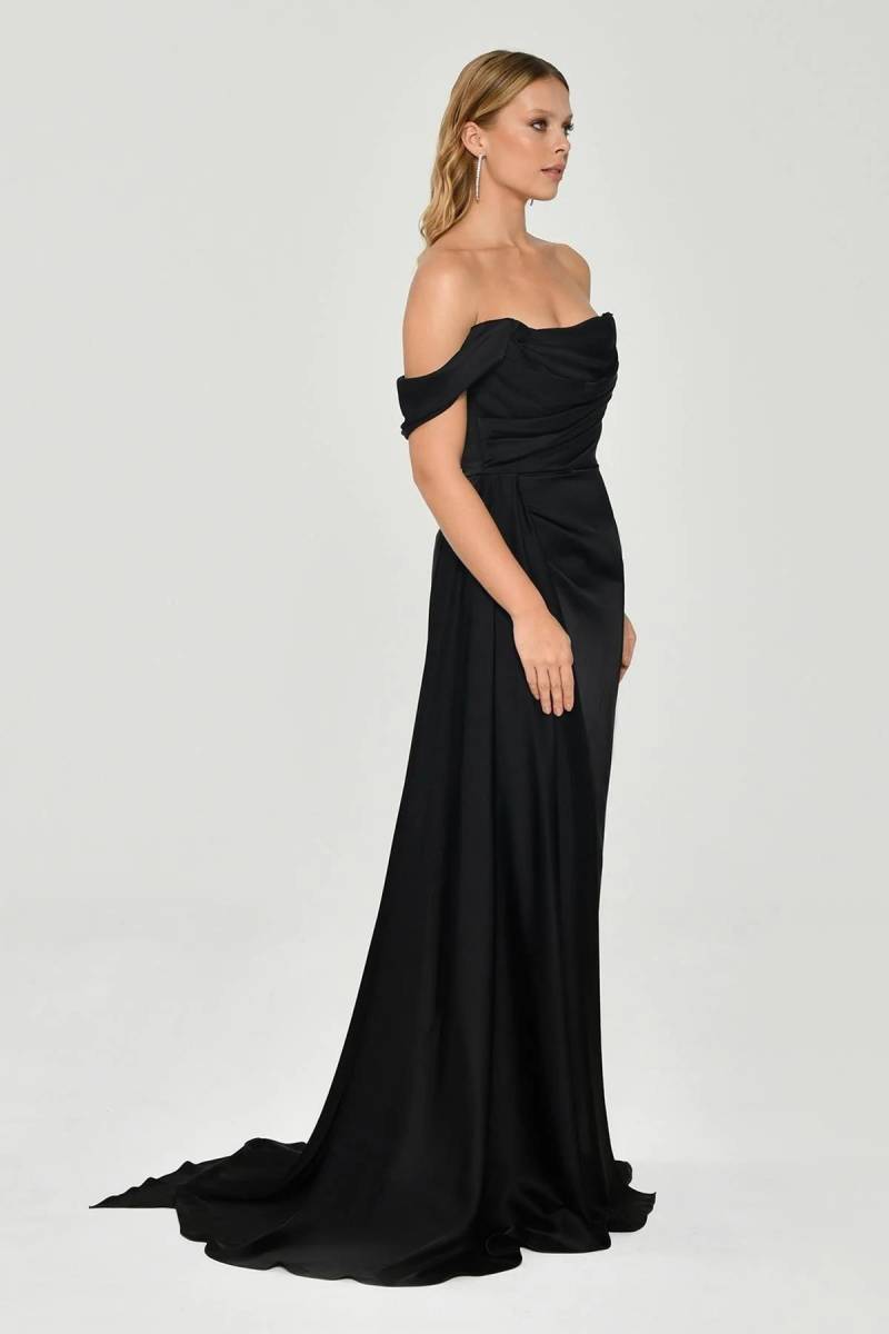 Black Strapless Degage Low Sleeve Sliping Evening Dress - 3