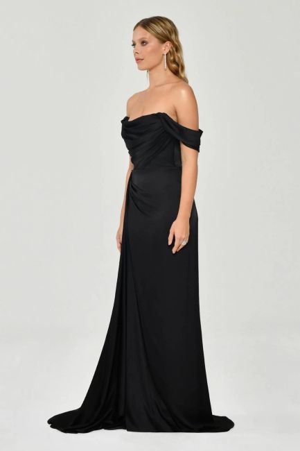 Black Strapless Degage Low Sleeve Sliping Evening Dress - 4