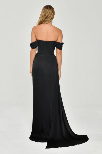 Black Strapless Degage Low Sleeve Sliping Evening Dress - 5