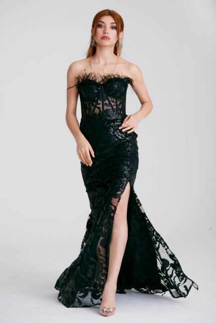 Black Strapless Slit Fish Lace Evening Dress - 1