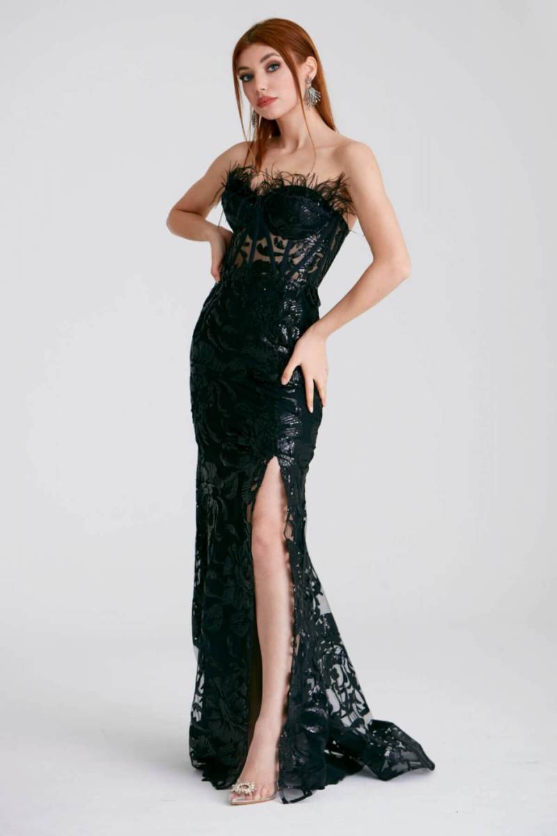 Black Strapless Slit Fish Lace Evening Dress - 2