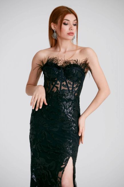 Black Strapless Slit Fish Lace Evening Dress - 3