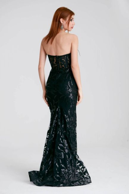 Black Strapless Slit Fish Lace Evening Dress - 5