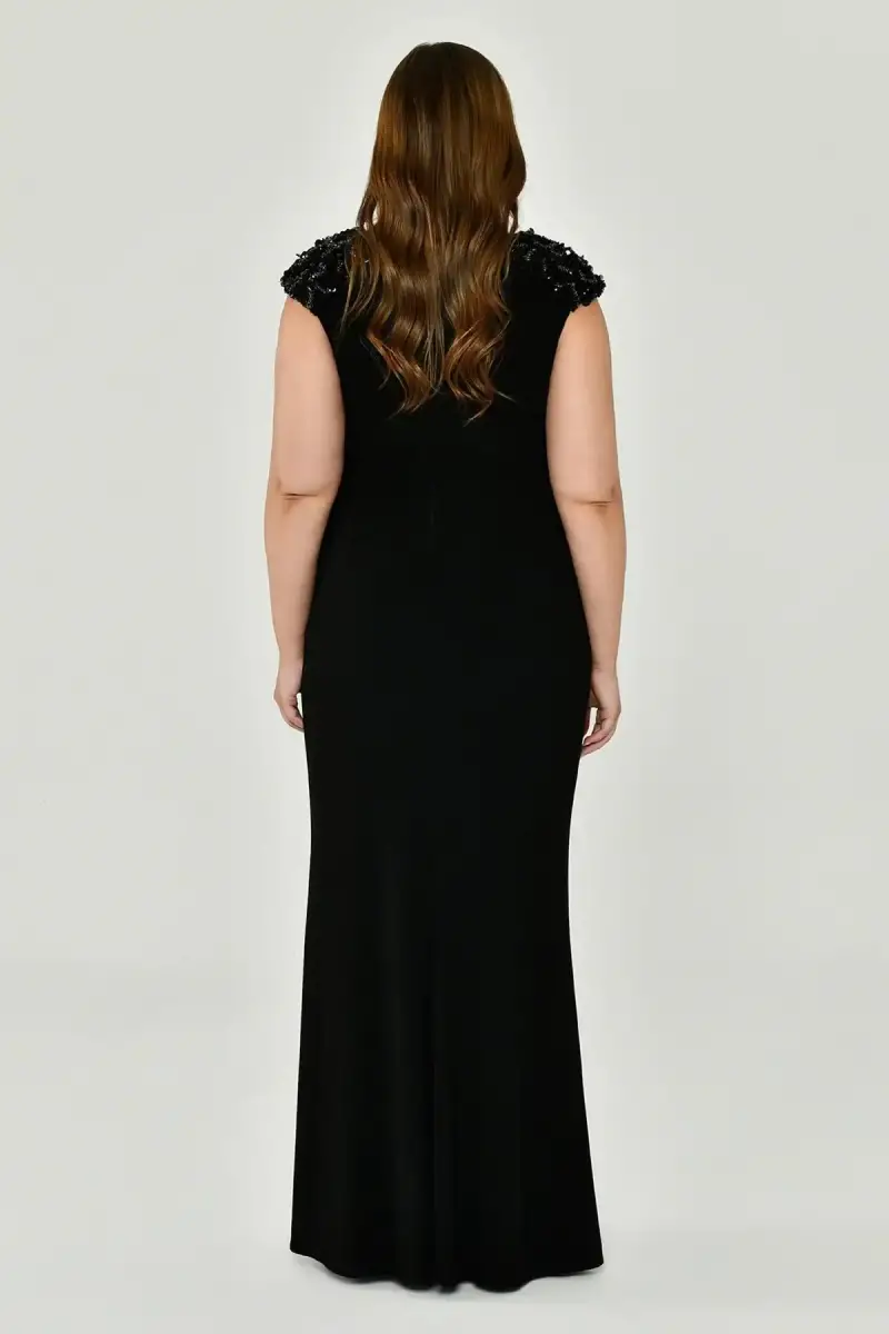 Black V-Neck Draped Plus Size Evening Dress - 4