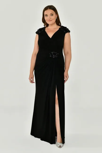 Black V-Neck Draped Plus Size Evening Dress 