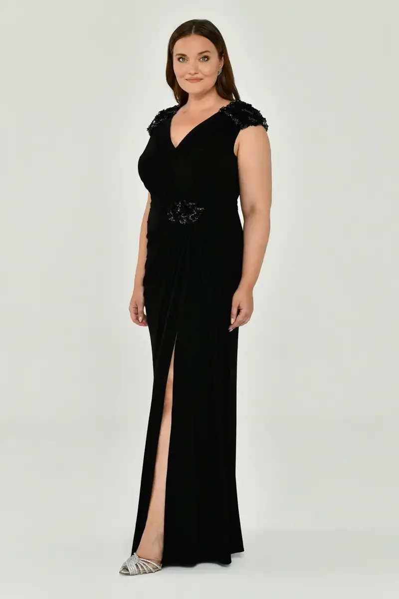 Black V-Neck Draped Plus Size Evening Dress - 2