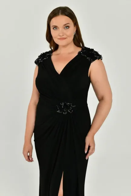 Black V-Neck Draped Plus Size Evening Dress - 3