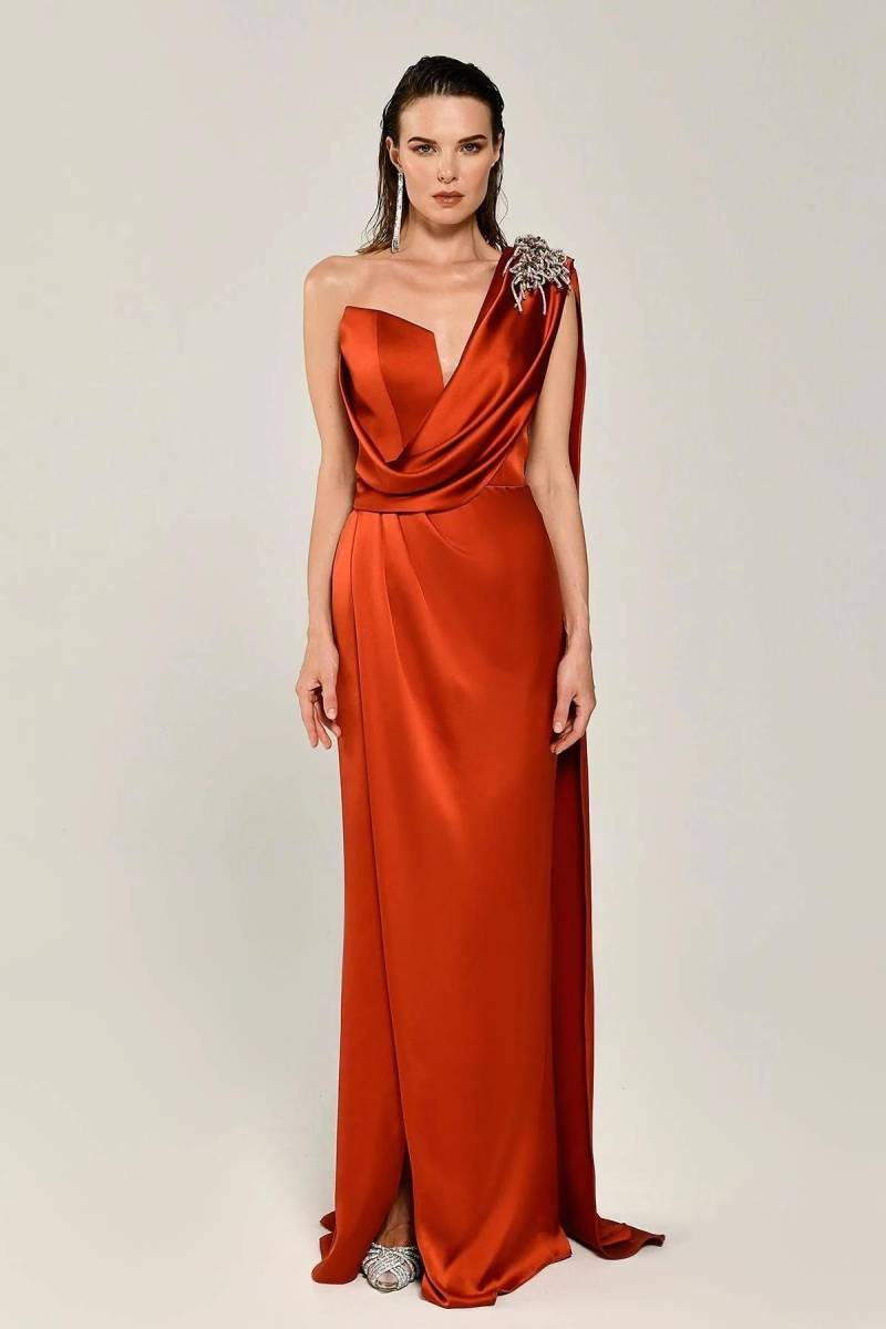 Cinnamon One Shoulder Brooch Satin Evening Dress-17 - 1