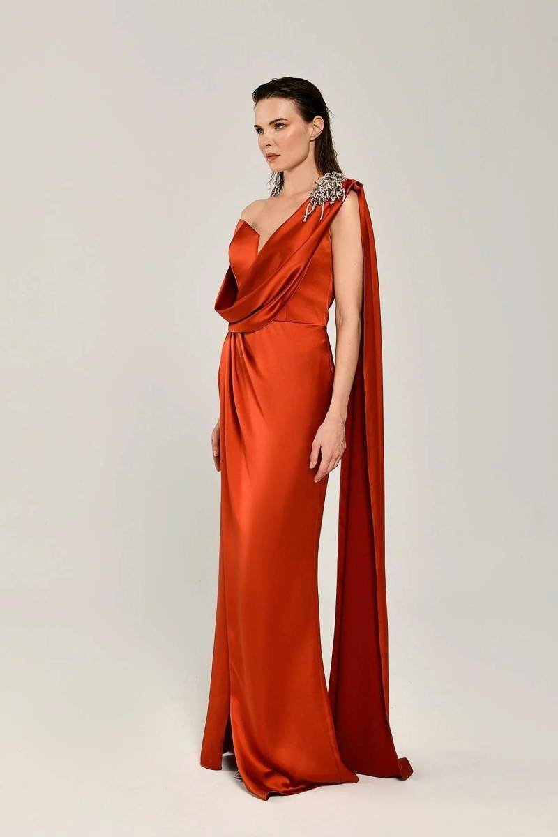 Cinnamon One Shoulder Brooch Satin Evening Dress-17 - 2