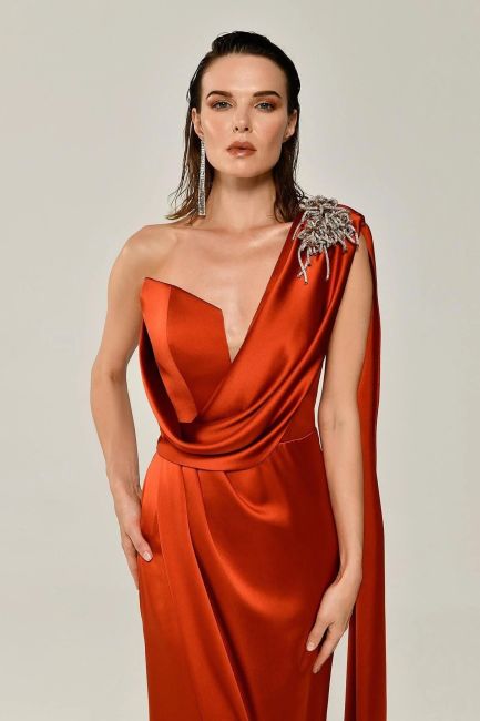 Cinnamon One Shoulder Brooch Satin Evening Dress-17 - 3