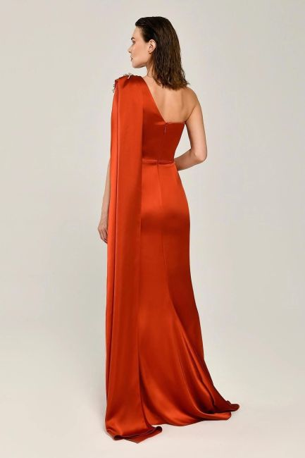 Cinnamon One Shoulder Brooch Satin Evening Dress-17 - 4