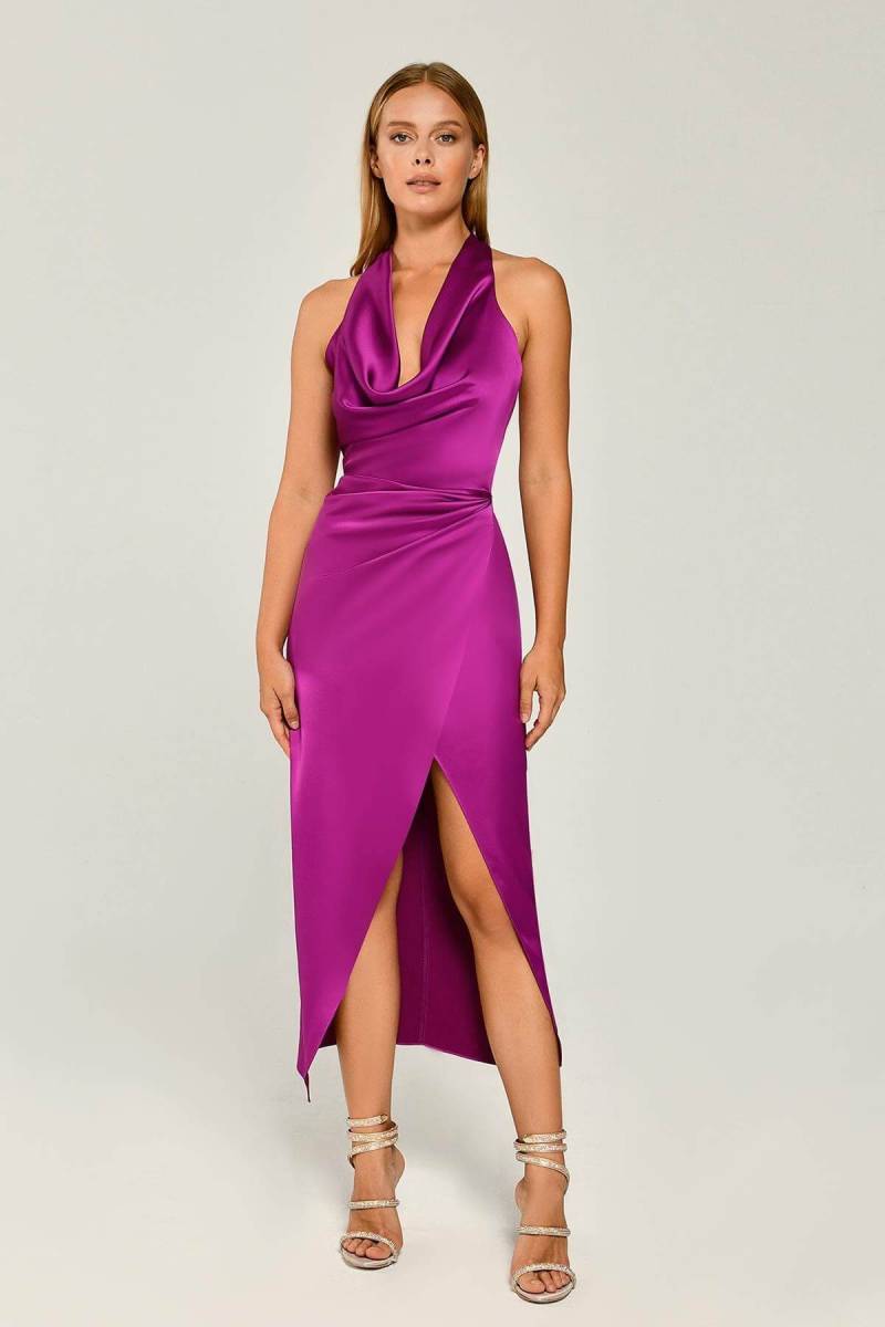 Lilac Halter Neck Wrap Satin Midi Dress 55 - 2