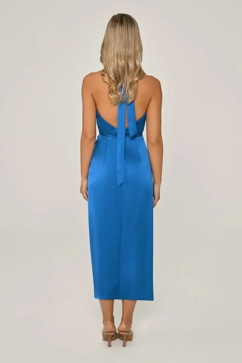 Degage collar connected to the royal blue neck antvelop satin midi dress 55 - 3
