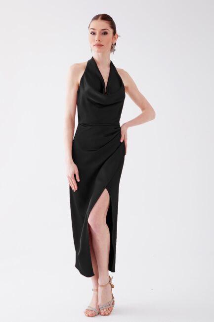 Degages connected from the black neck of the antvelop satin midi dress 55 