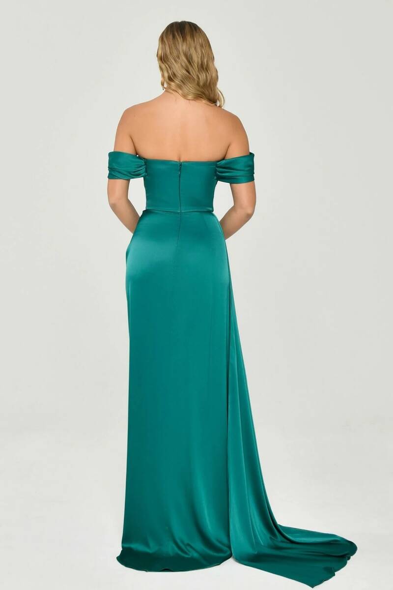 Emerald Strapless Degage Low Sleeve Sliping Evening Dress - 4
