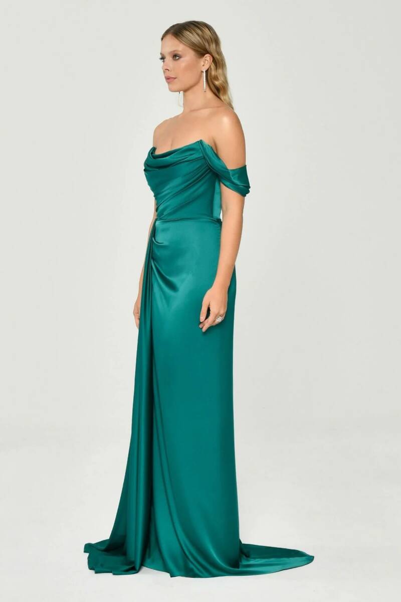 Emerald Strapless Degage Low Sleeve Sliping Evening Dress - 2