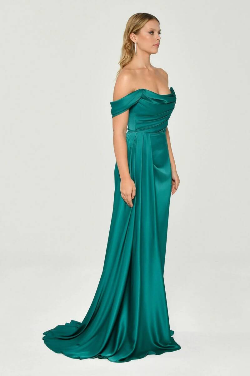Emerald Strapless Degage Low Sleeve Sliping Evening Dress - 3