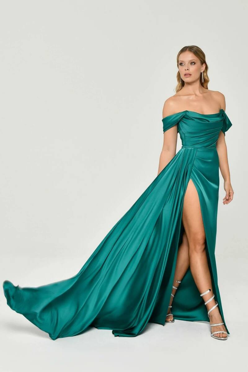 Emerald Strapless Degage Low Sleeve Sliping Evening Dress - 1