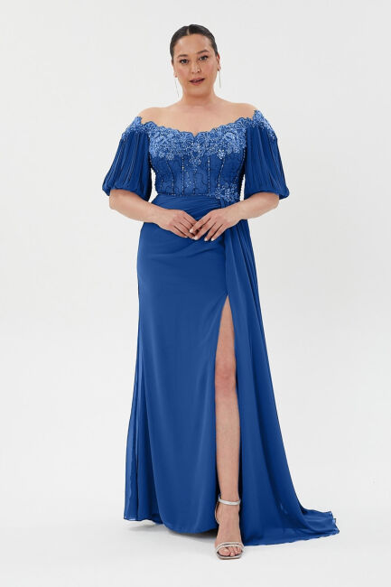 Indigo Pleat Sleeve Embroidered Slit Plus Size Evening Dress 27 