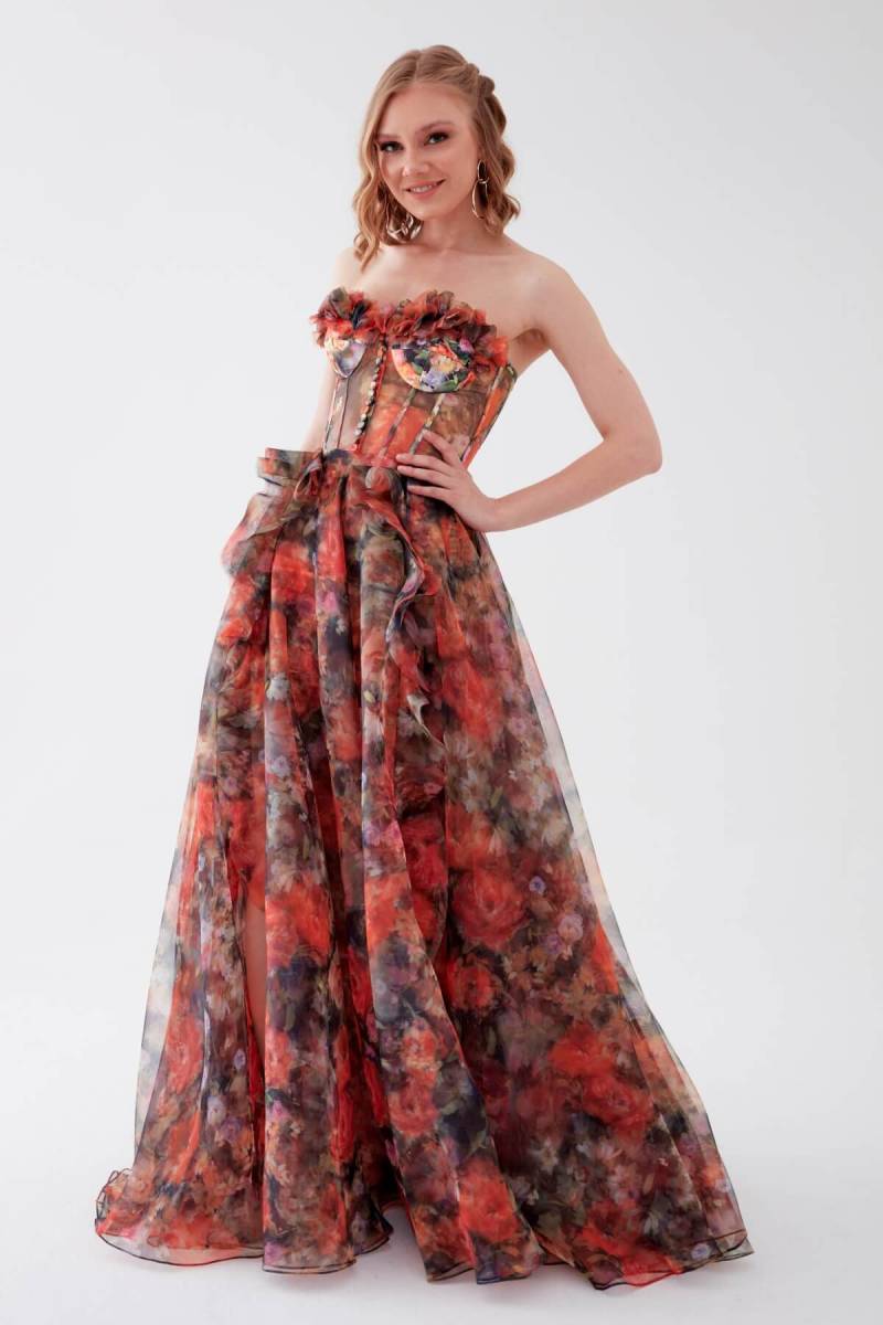 Floral Patterned Slit Organza Evening Dress with Multi Bustier - 1