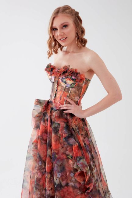 Floral Patterned Slit Organza Evening Dress with Multi Bustier - 2