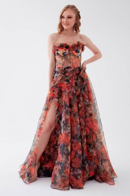 Floral Patterned Slit Organza Evening Dress with Multi Bustier - 3