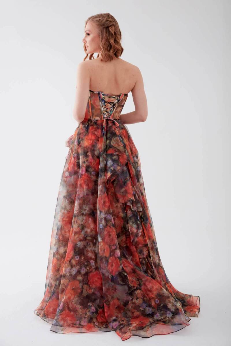 Floral Patterned Slit Organza Evening Dress with Multi Bustier - 4