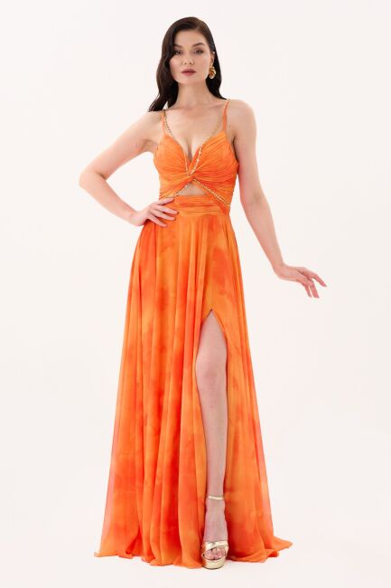 Orange Rope Strap Chain Patterned Slit Evening Dress 67 