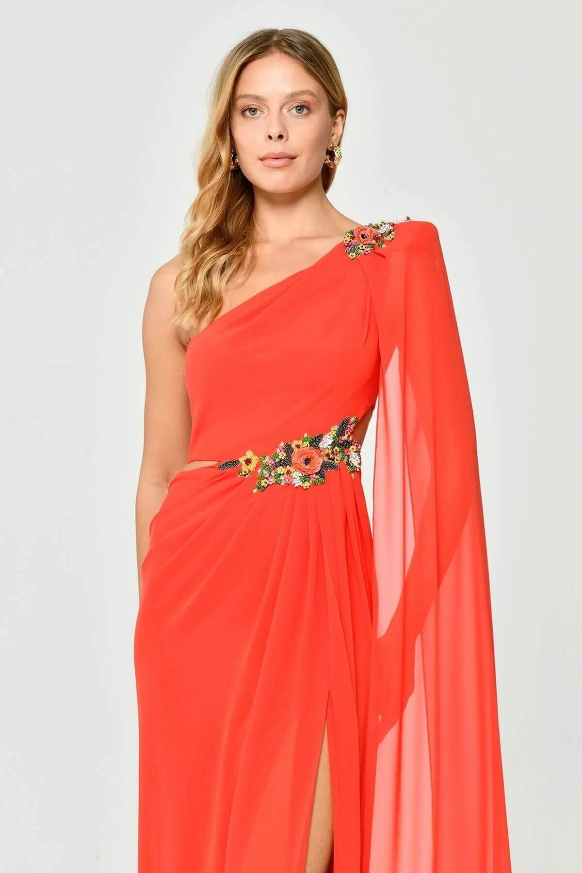 Oranj Single Shawl Flower Flower Accessory Slit Chiffon Evening Dress 70