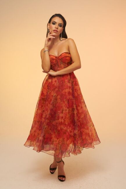 Oranj Strapless Patterned Kloş Midi Evening Dress 36 - 1