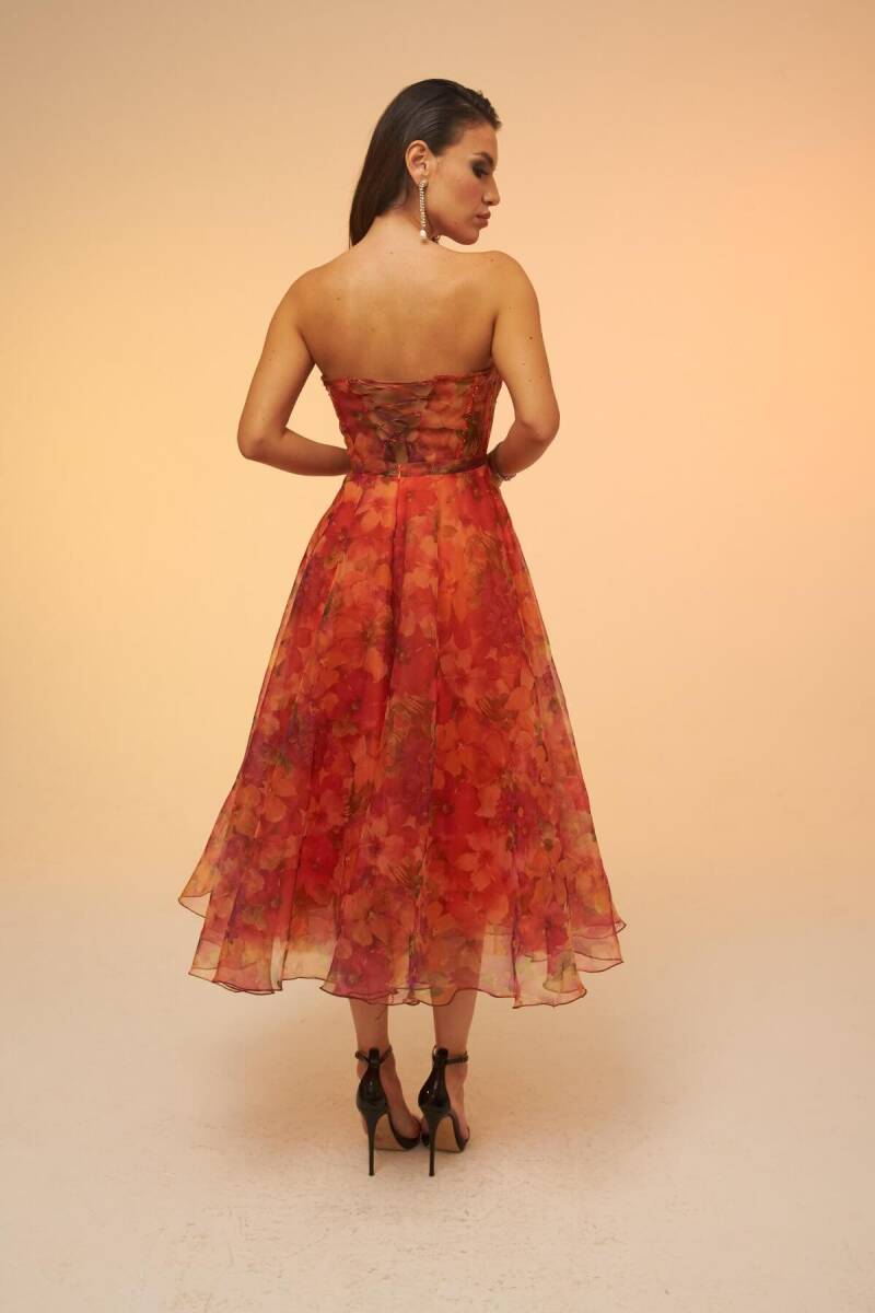 Oranj Strapless Patterned Kloş Midi Evening Dress 36 - 4