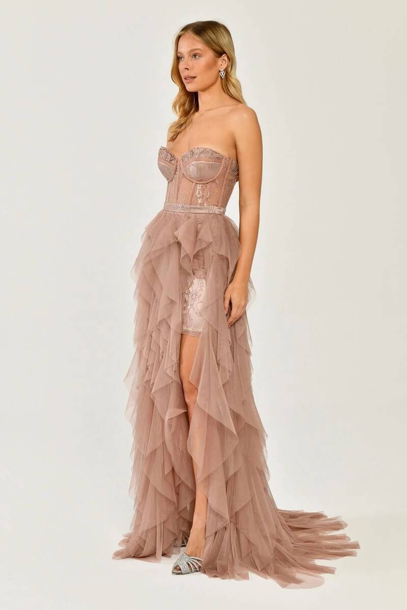 Pink strapless bustier slitted ruffle tulle evening dress dress - 2