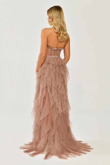 Pink strapless bustier slitted ruffle tulle evening dress dress - 4