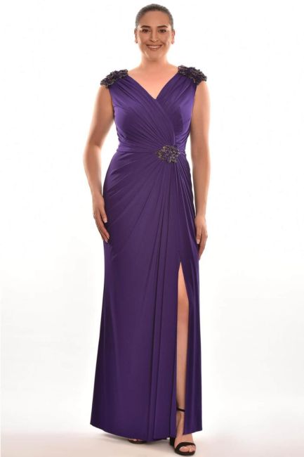 Purple V-Neck Draped Plus Size Evening Dress - 1