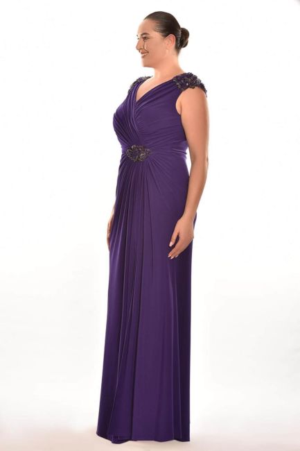 Purple V-Neck Draped Plus Size Evening Dress - 2